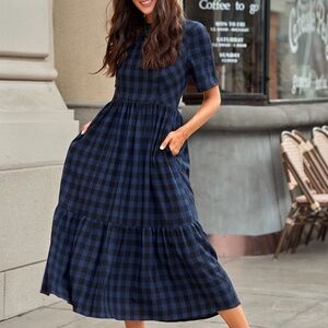 NWT Navy and Black Plaid Gingham Maxi Dress with Zip Up Back